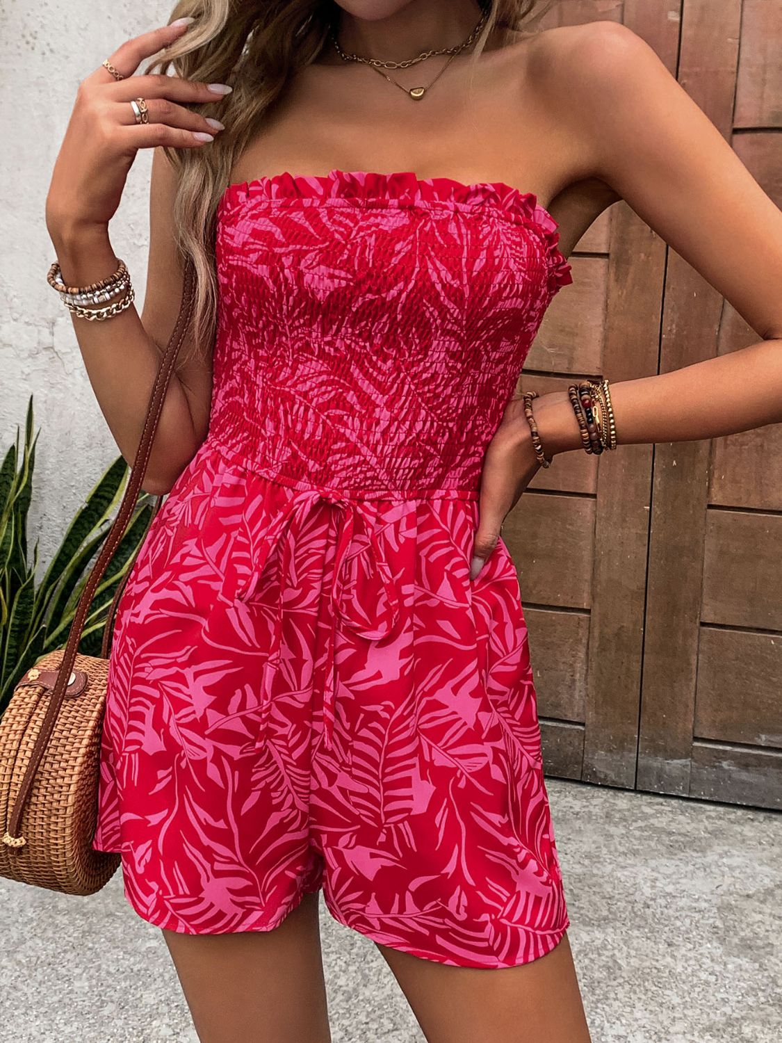 Smocked Printed Tube Romper with Pockets - Thandynie