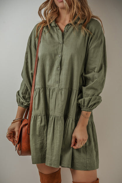 Tiered Half Button Balloon Sleeve Dress Moss