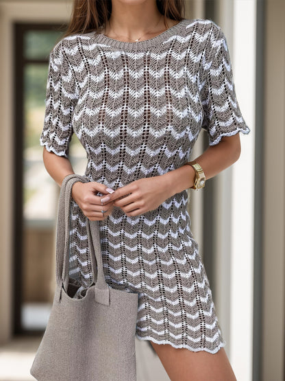 Chevron Round Neck Short Sleeve Knit Dress Mocha