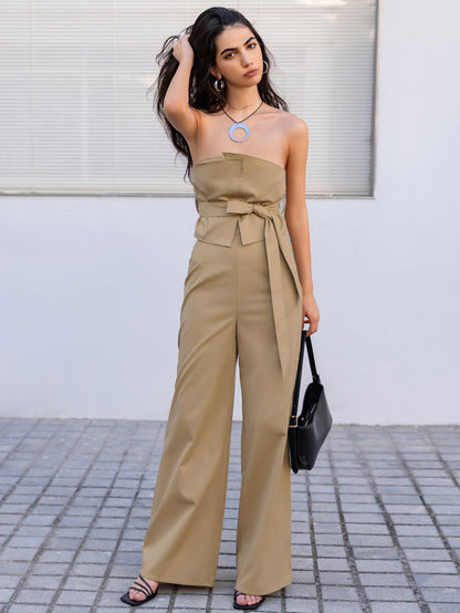 Strapless Tie Waist Jumpsuit Tan