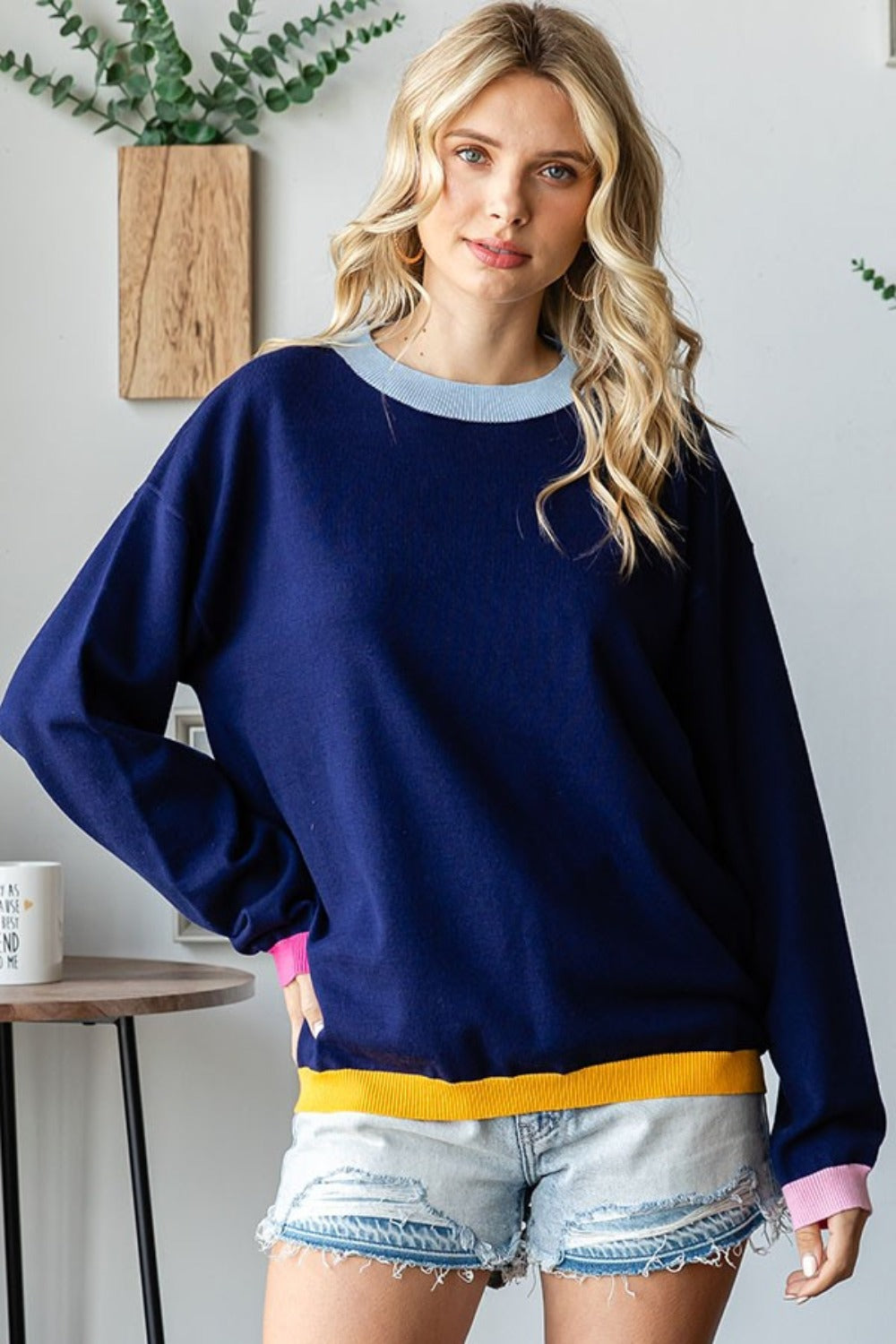 First Love Contrast Ribbed Round Neck Long Sleeve Sweater Navy Multi