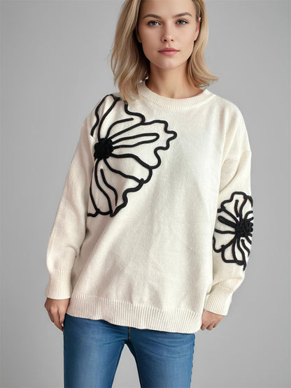 Flower Round Neck Long Sleeve Sweater Cream One Size