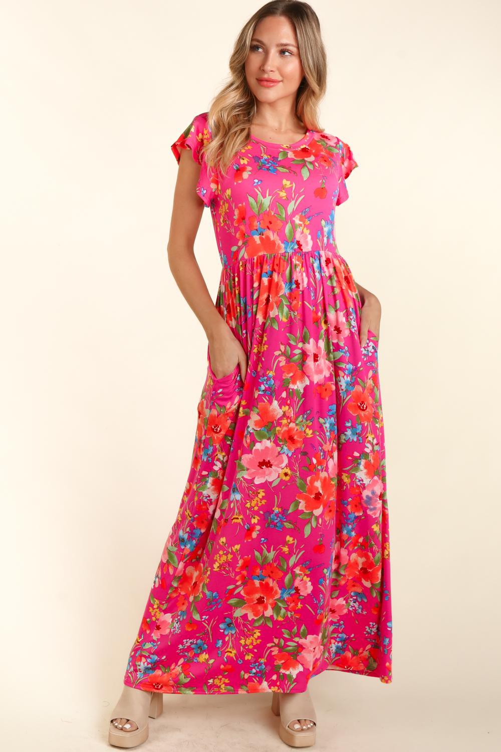 Haptics Floral Ruffled Round Neck Cap Sleeve Dress Fuchsia