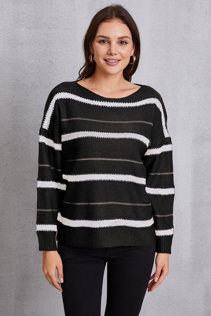 Striped Round Neck Dropped Shoulder Sweater Black