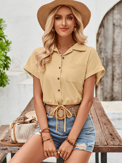 Drawstring Pocketed Collared Neck Short Sleeve Shirt Tan