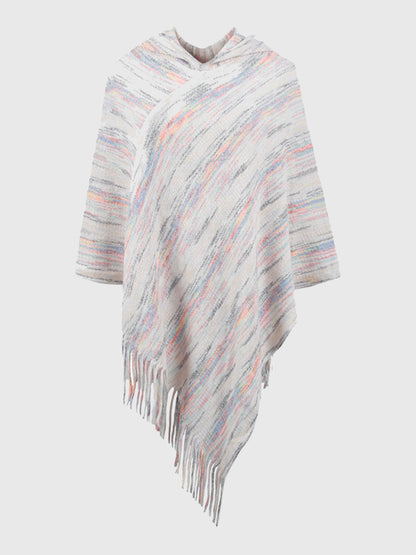 Fringe Hem Hooded Poncho Ivory One Size