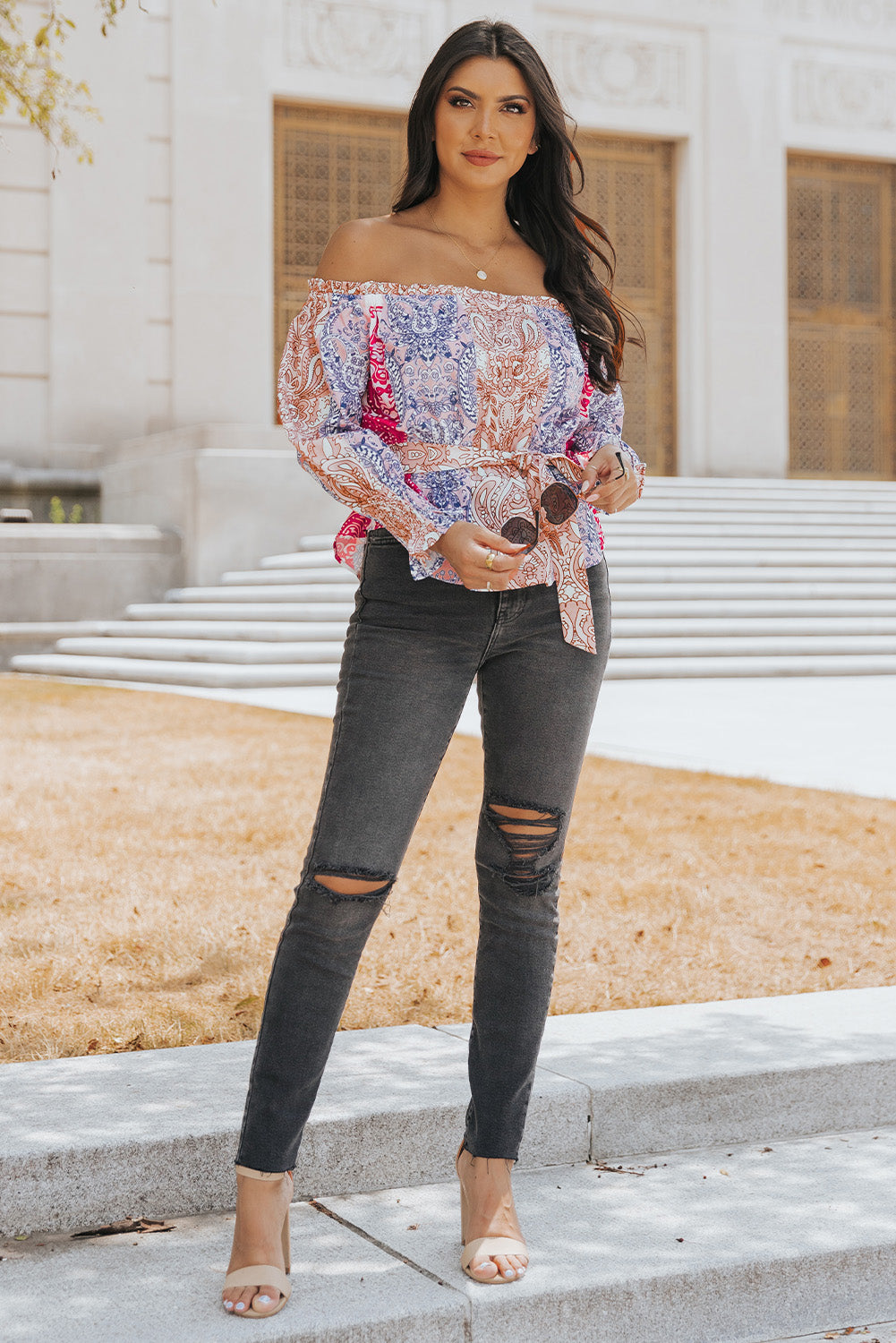 Printed Off-Shoulder Flounce Sleeve Belted Blouse - Thandynie