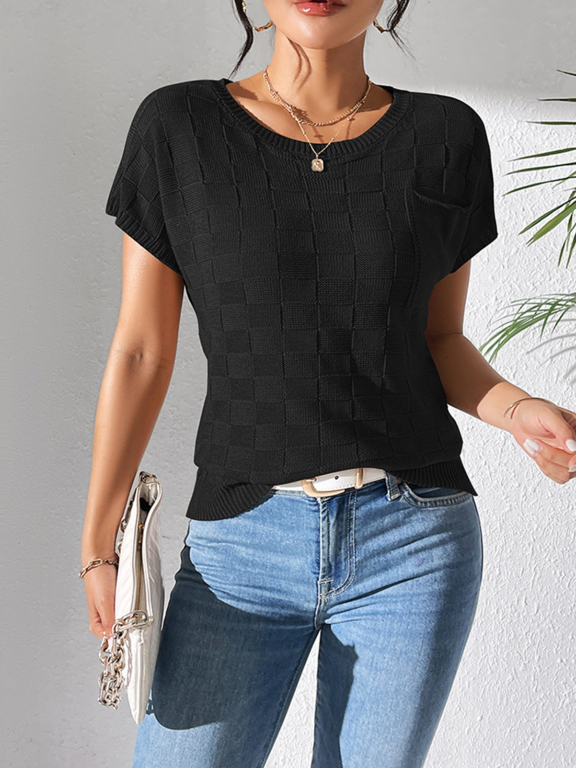 Round Neck Short Sleeve Knit Top Black