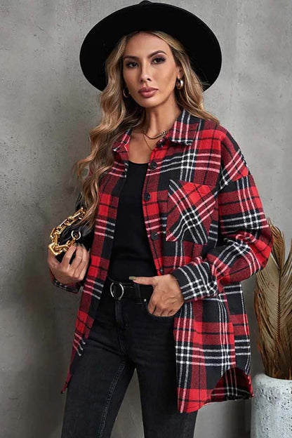 Plaid Collared Neck Button Up Jacket with Pockets Deep Red