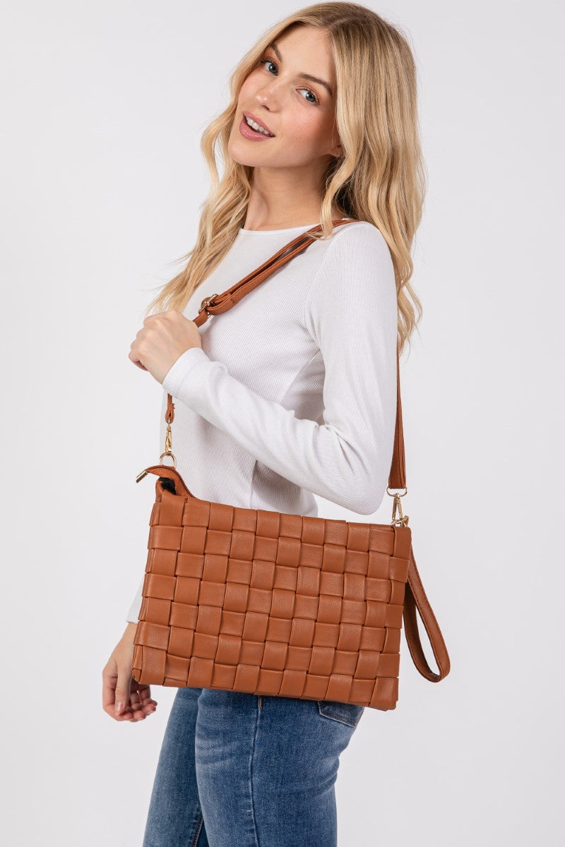 Fame Faux Leather Basket Weave Crossbody Bag