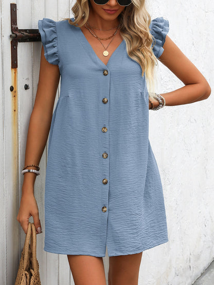 Button Up V-Neck Cap Sleeve Mini Dress Light Blue