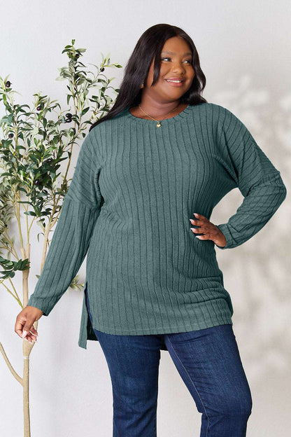 Basic Bae Full Size Ribbed Round Neck Long Sleeve Slit Top Teal