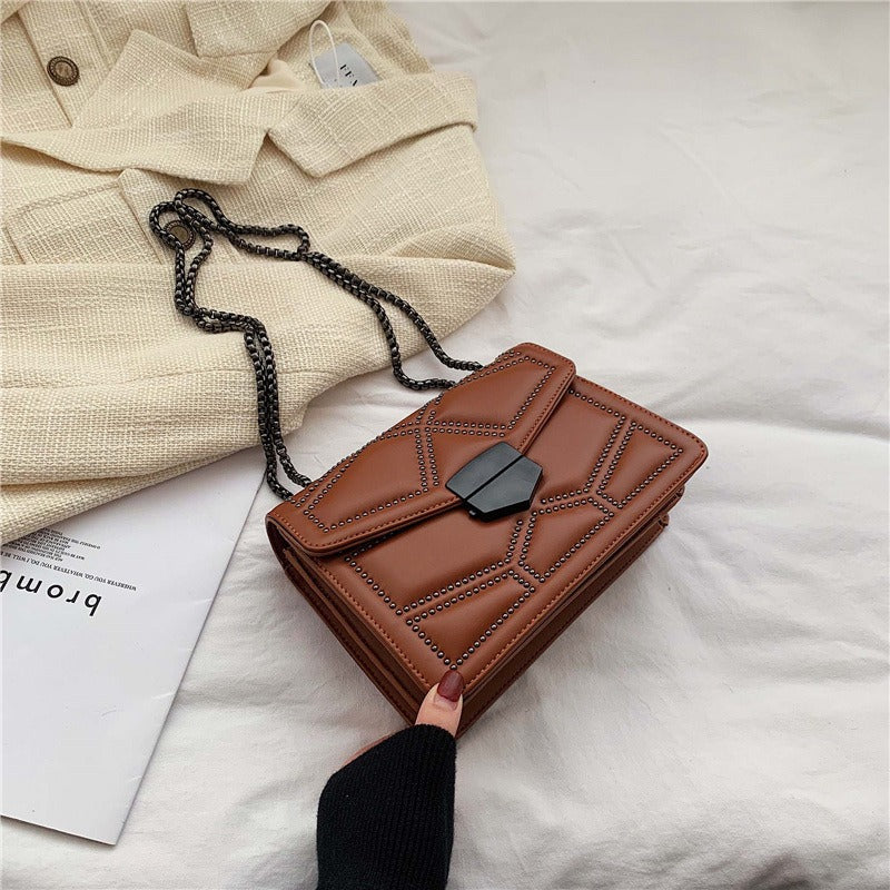 Fashionable Minimalist Crossbody Bag | Rivet Chain Small Square PU Shoulder Bag Brown