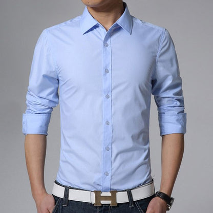 Men's Slim Fit Long Sleeve Shirt | 6 Colors Plain White, Army Green Dress Shirt Blue