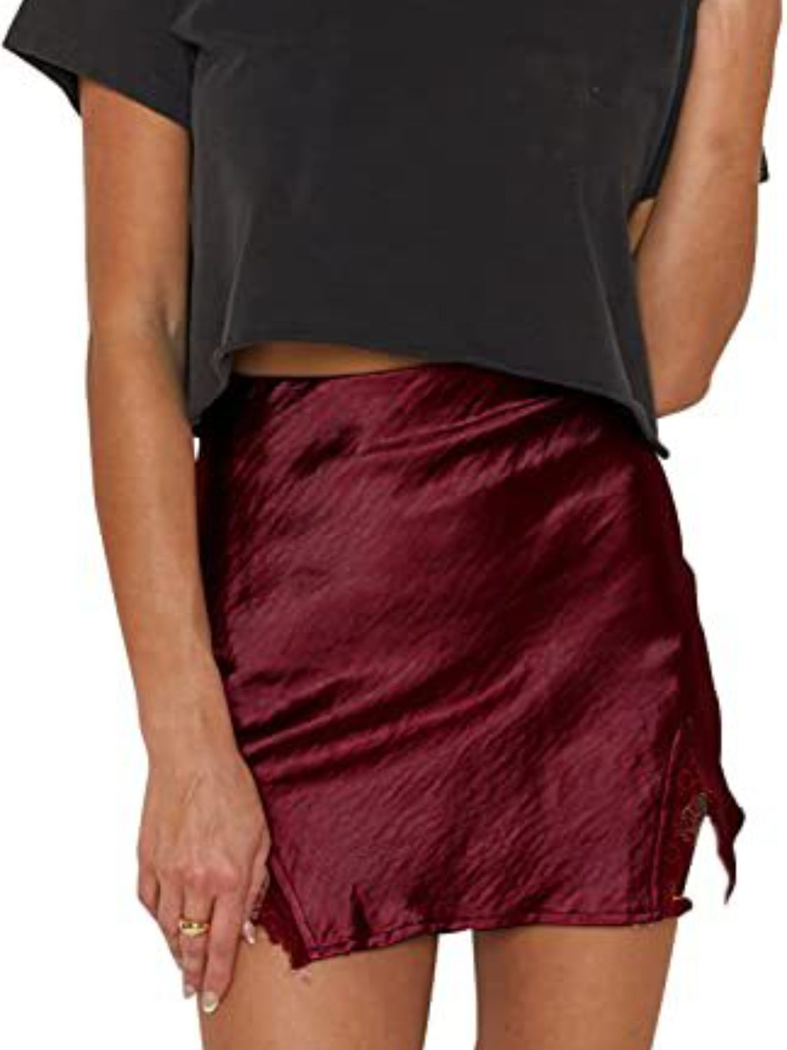 Lace Detail Slit Mini Skirt Wine