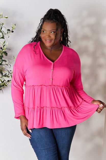 Double Take Half Button Long Sleeve Ruffle Hem Blouse Hot Pink