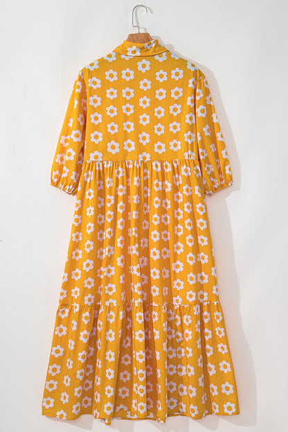 Yellow Flower Print Bracelet Sleeve Buttons Collared Maxi Dress