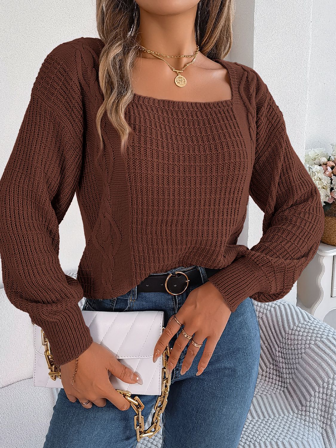 Square Neck Mixed Knit Sweater Chocolate