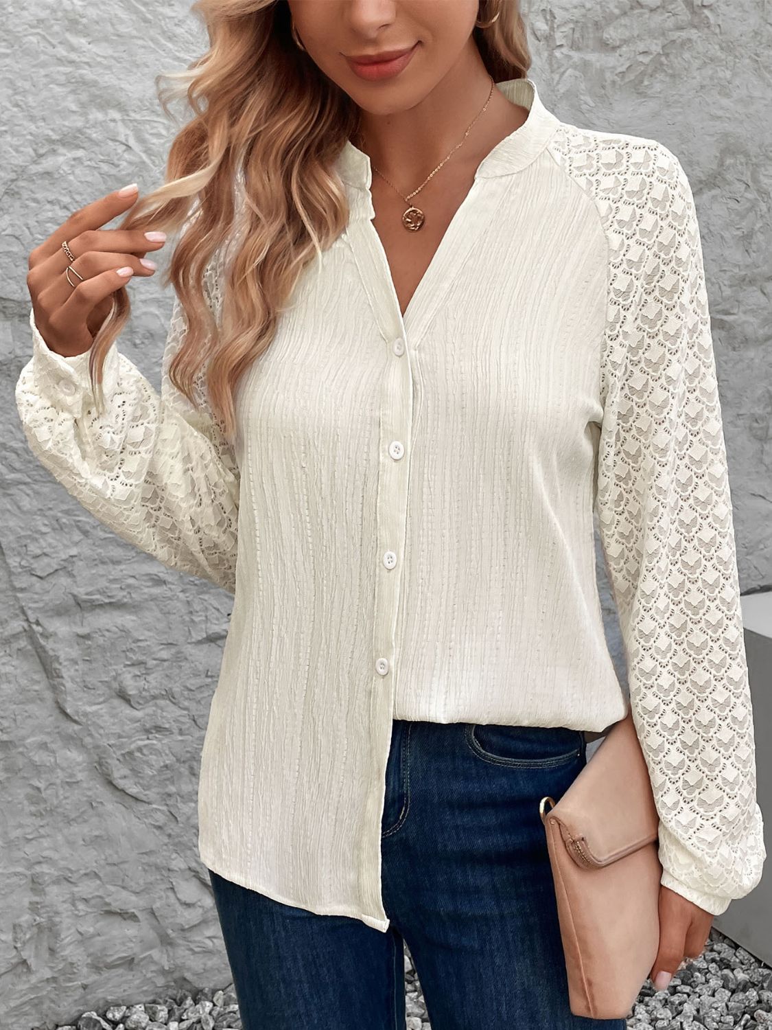 Textured Notched Long Sleeve Shirt Cream