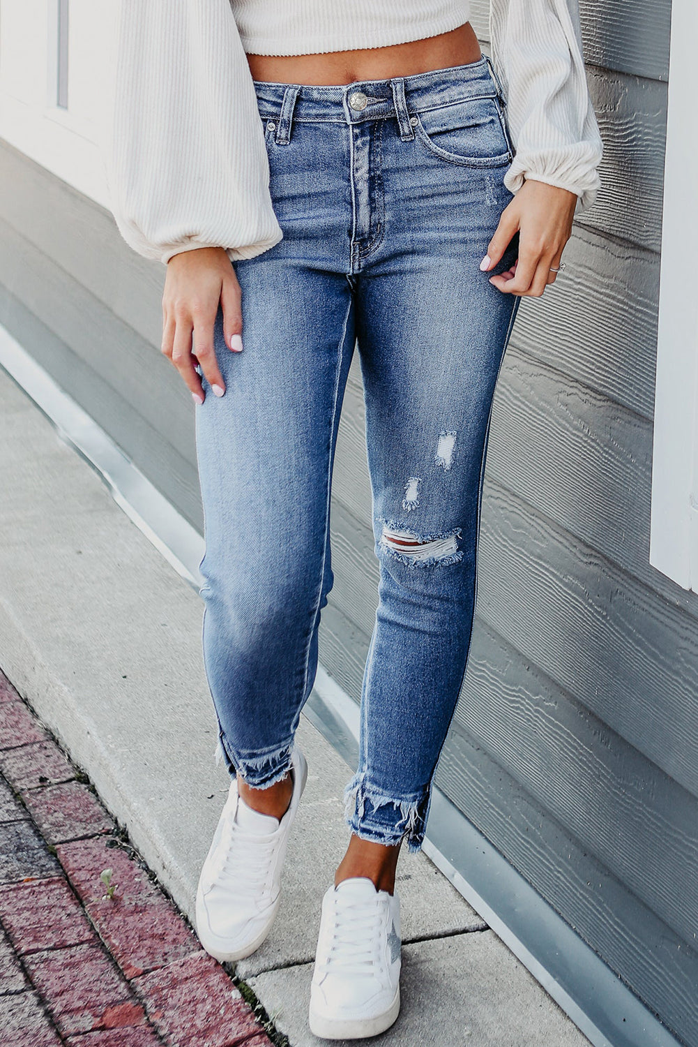 Light Blue Distressed Frayed Ankle Skinny Jeans Light Blue 66%Cotton+27%Polyester+6%Lyocell+1%Elastane