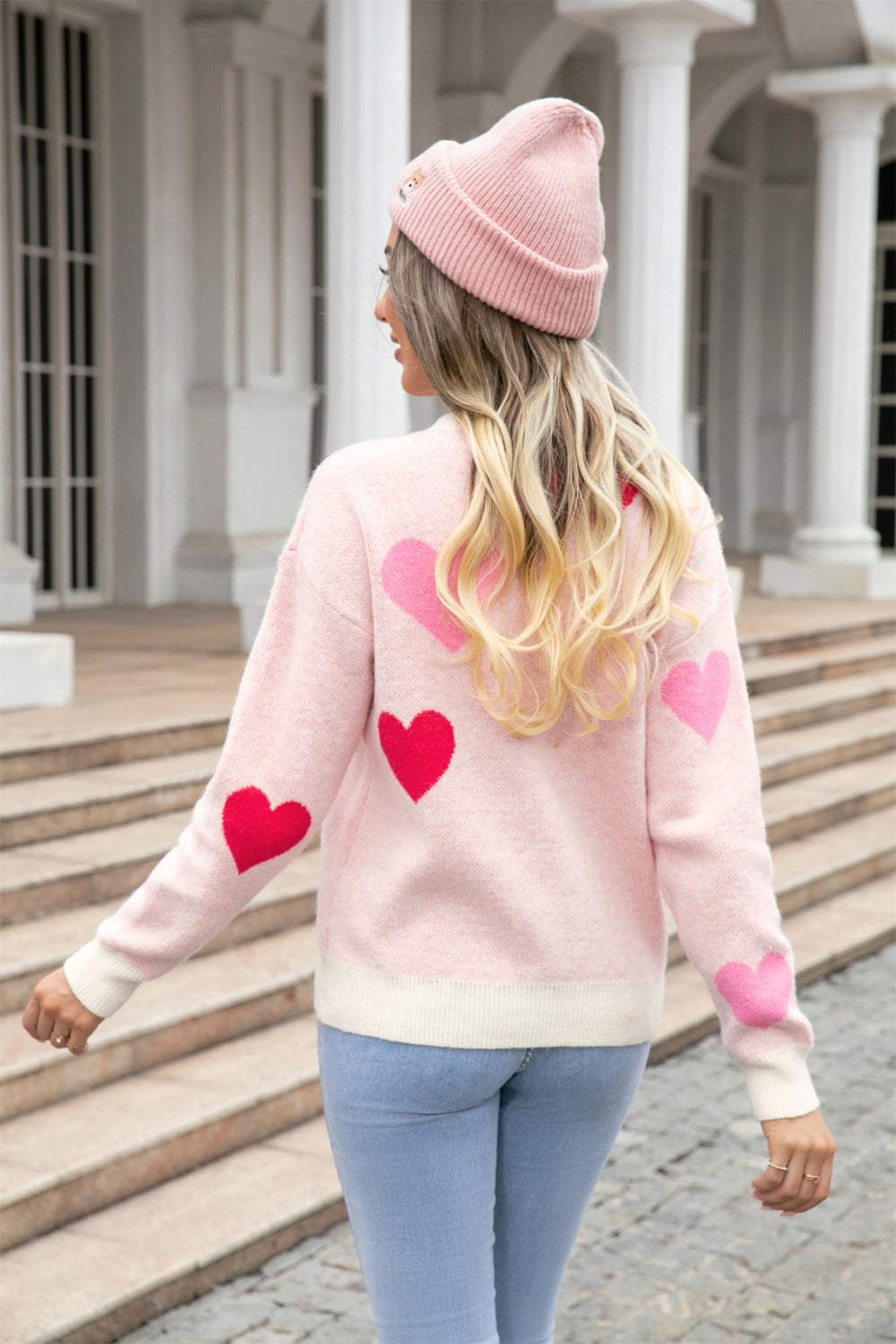 Heart Round Neck Droppped Shoulder Sweater