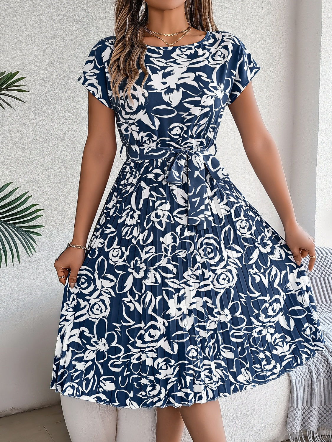 Tied Pleated Printed Short Sleeve Dress Dark Blue