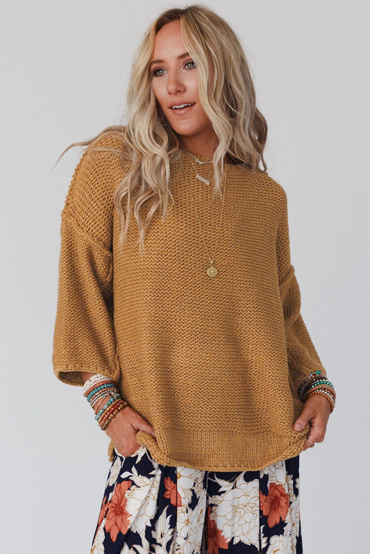 Round Neck Dropped Shoulder Sweater Caramel