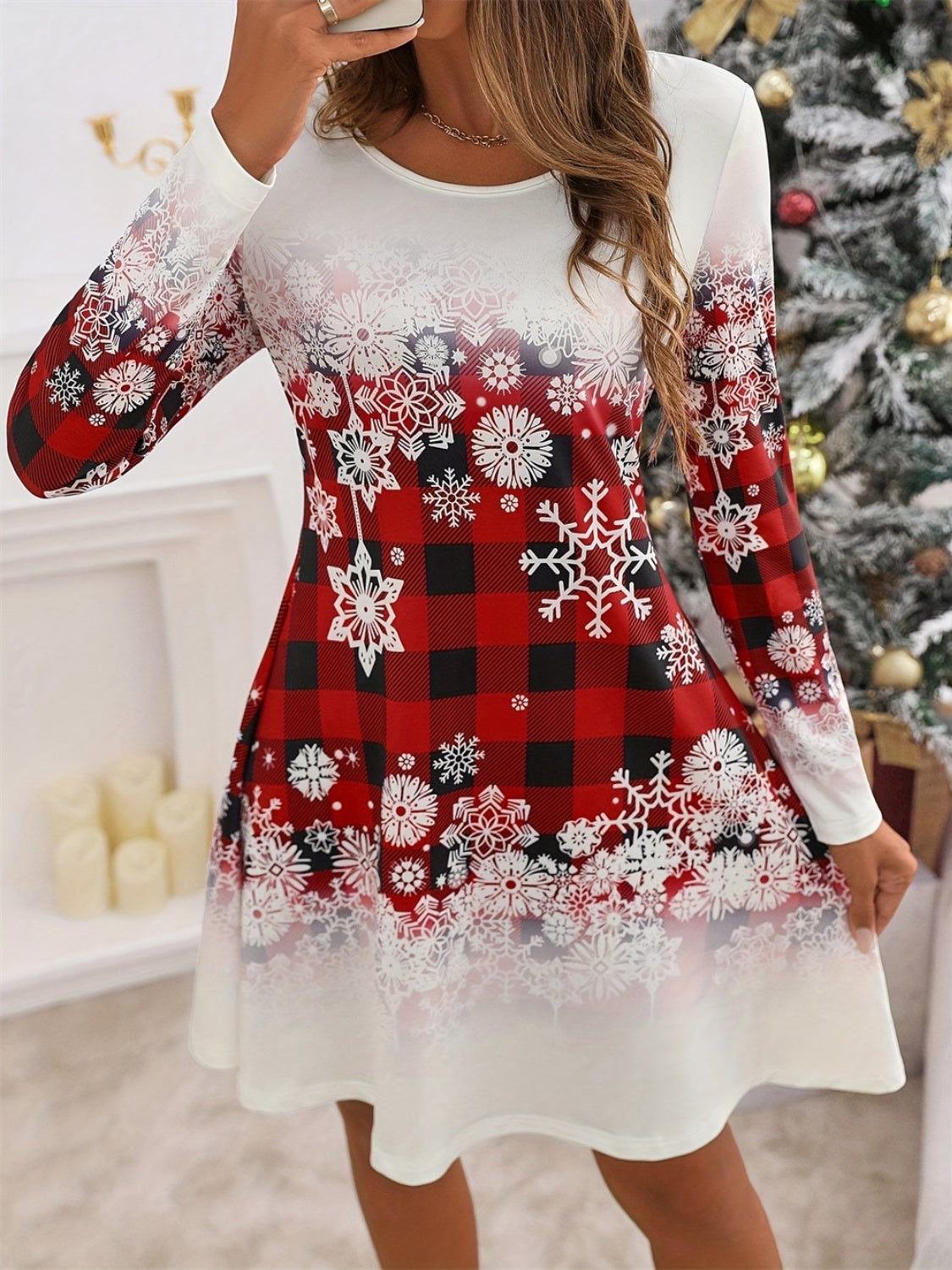 Snowflakes Plaid Round Neck Long Sleeve Dress