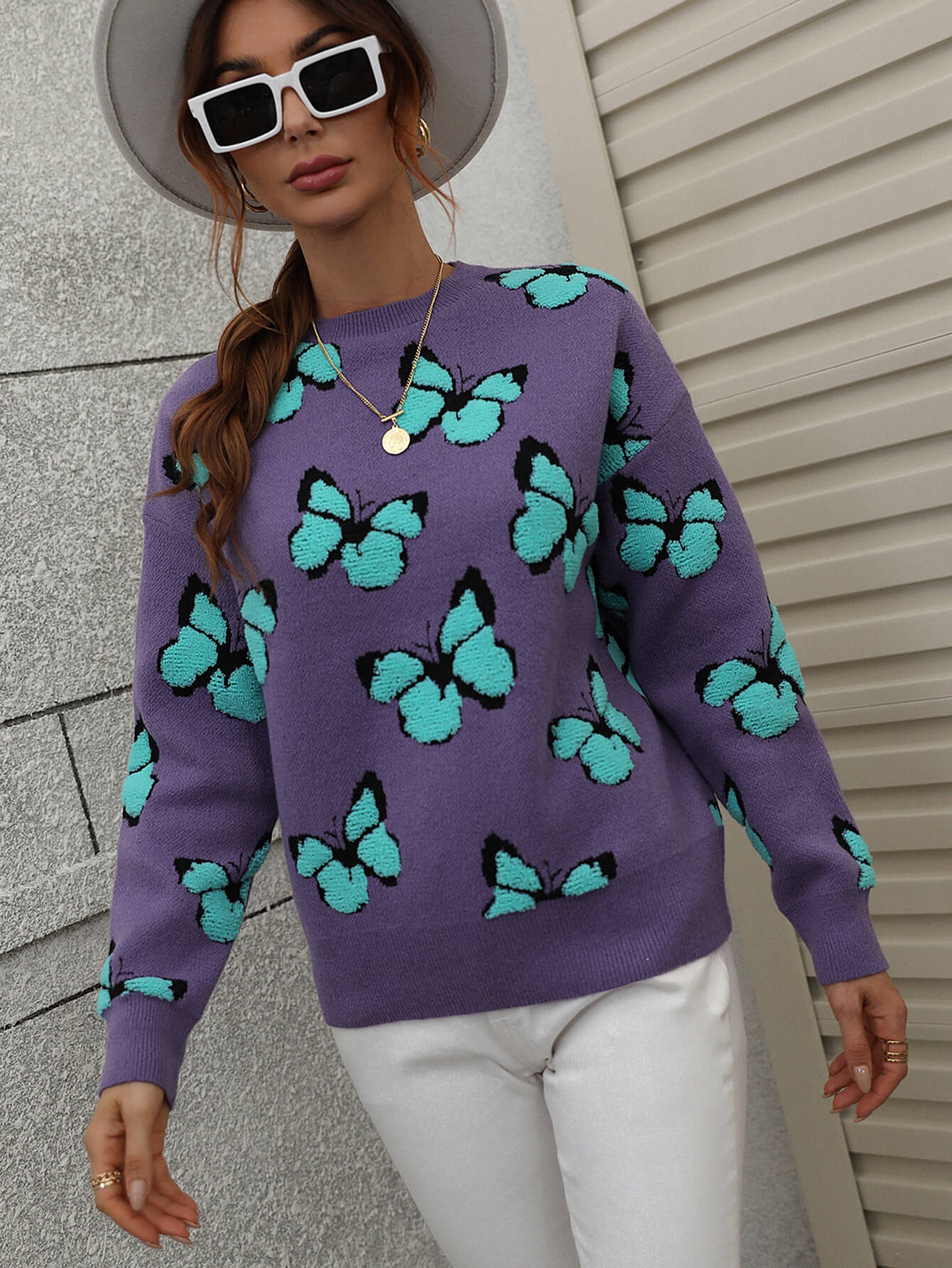 Woven Right Butterfly Dropped Shoulder Crewneck Sweater Purple