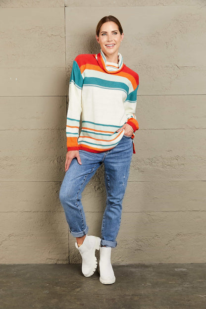 Woven Right Striped Turtleneck Drop Shoulder Sweater