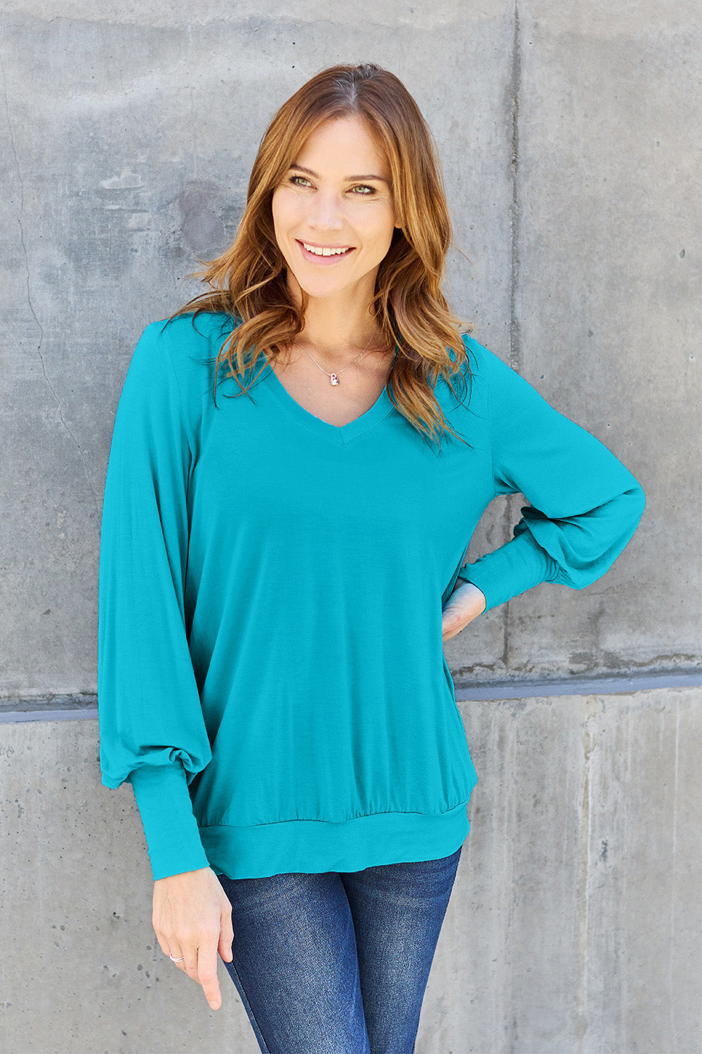 Basic Bae Full Size V-Neck Lantern Sleeve Blouse Sky Blue