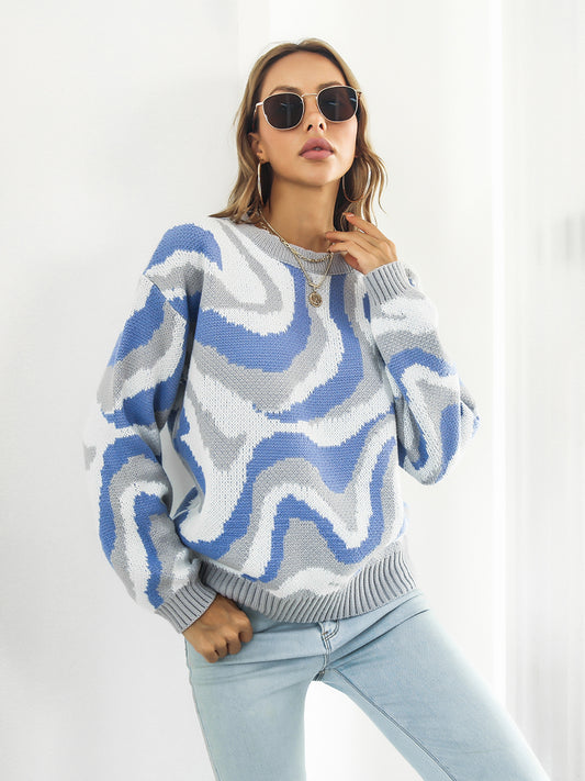 Round Neck Dropped Shoulder Sweater Dusty Blue