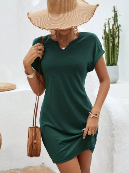 Notched Short Sleeve Mini Tee Dress Dark Green