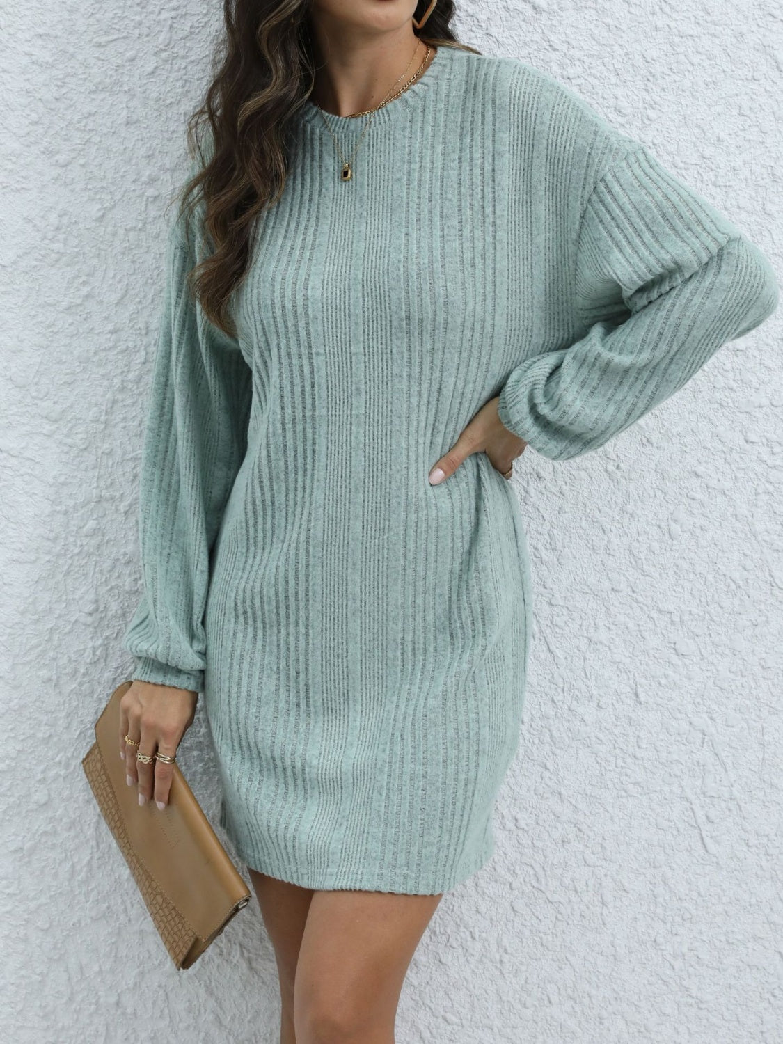 Round Neck Long Sleeve Mini Dress Air Force Blue