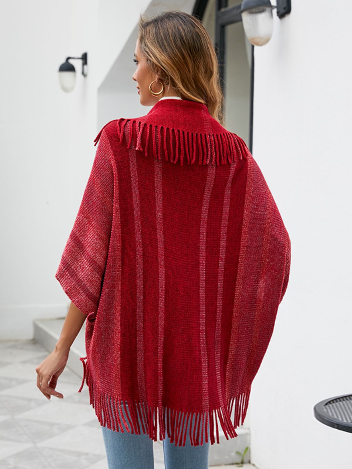 Fringe Detail Open Front Poncho - Thandynie