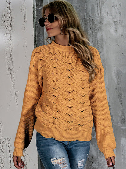 Openwork Mock Neck Long Sleeve Sweater Mustard