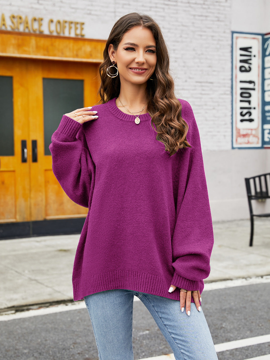 Round Neck Ribbed Trim Sweater Fuchsia