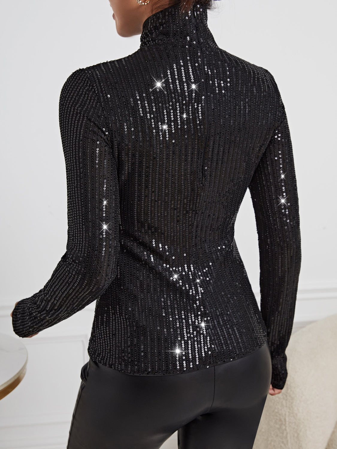 Sequin Turtleneck Long Sleeve Blouses - Thandynie
