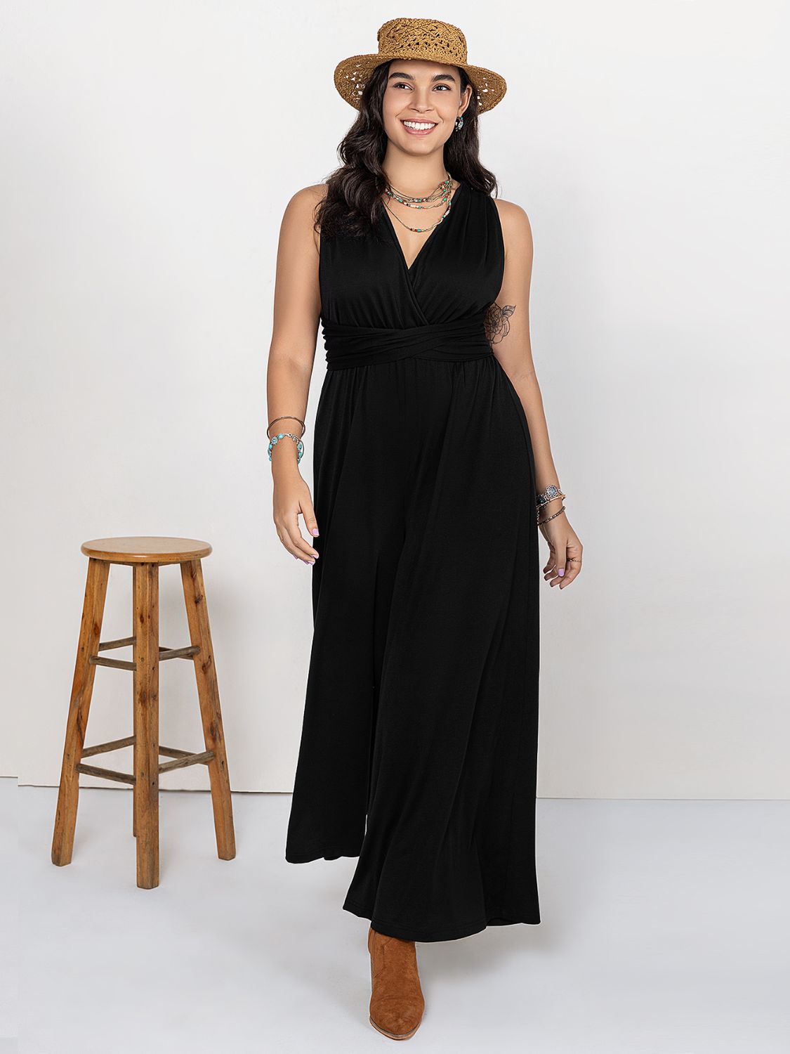 Plus Size V-Neck Wide Leg Jumpsuit Black