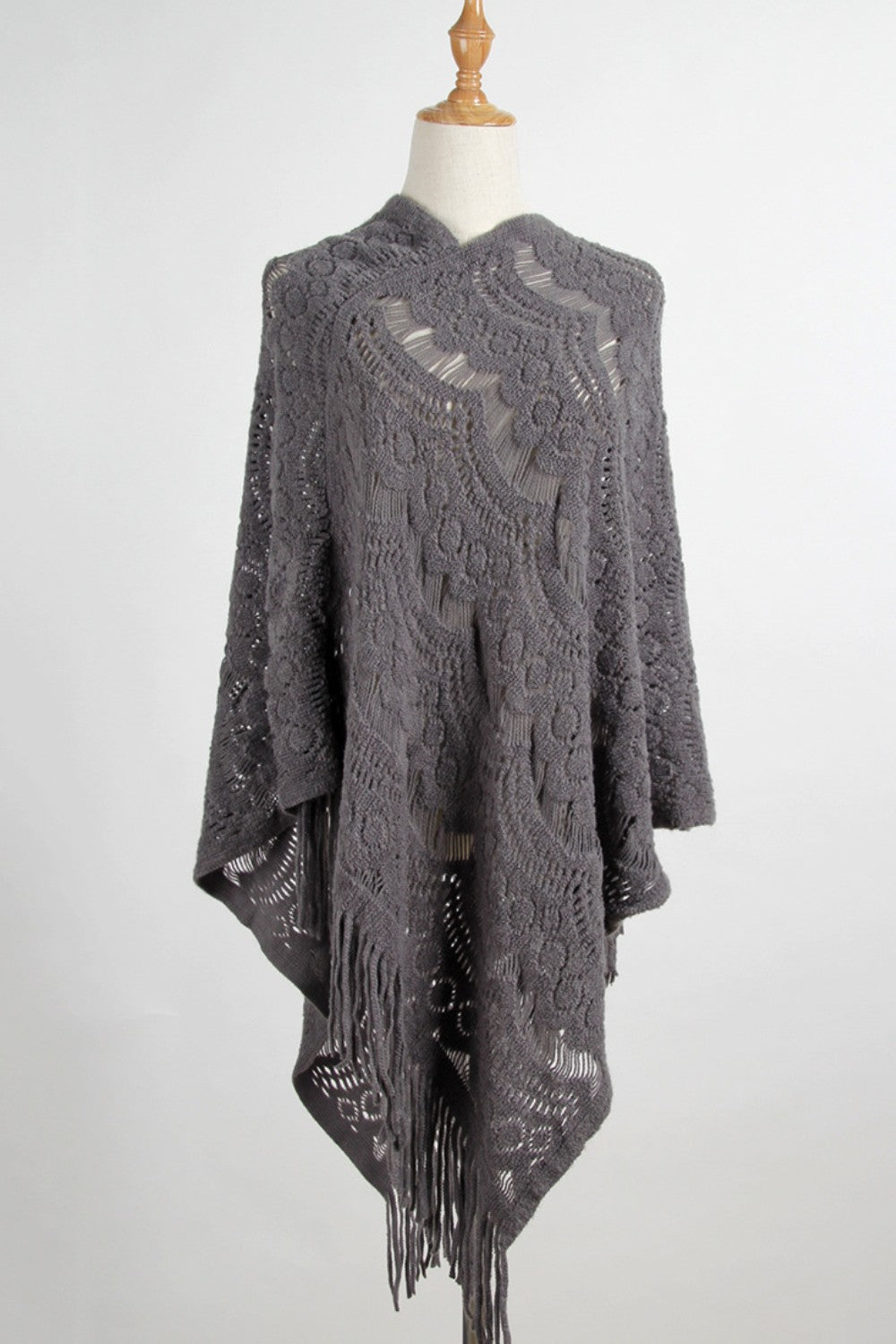 Fringe Openwork Surplice Cape Sleeve Poncho Dark Gray One Size