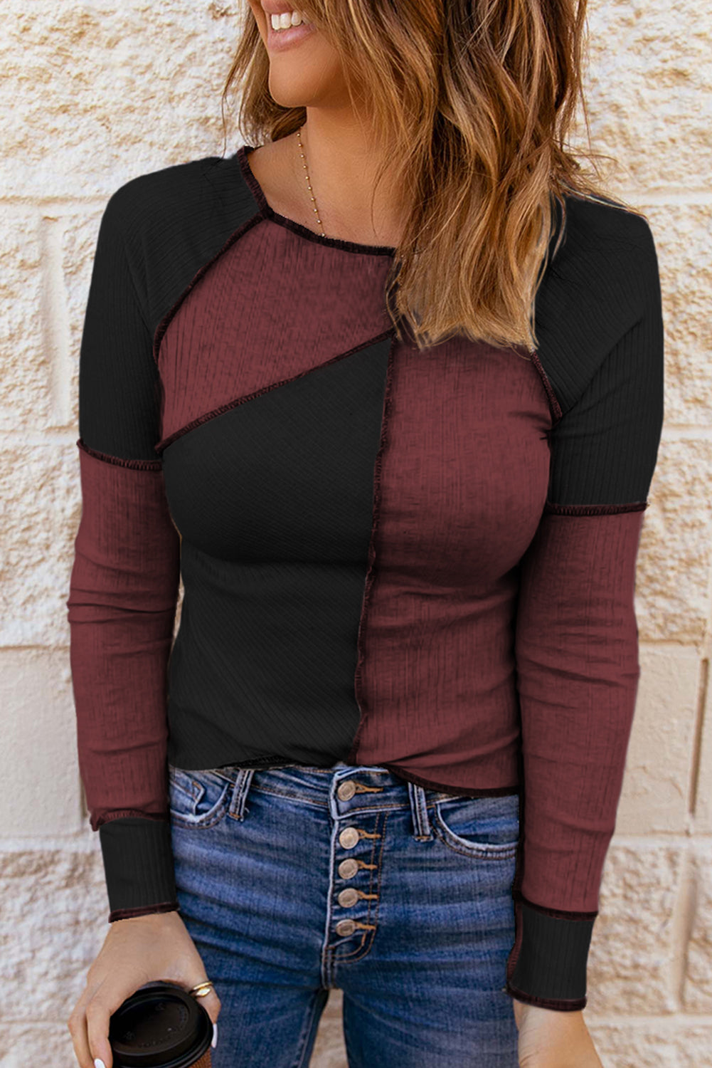 Color Block Round Neck Long Sleeve T-Shirt Burgundy