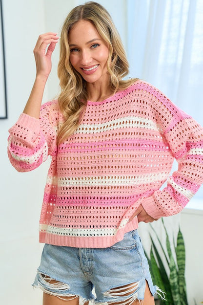 First Love Striped Long Sleeve Openwork Knit Top Pink