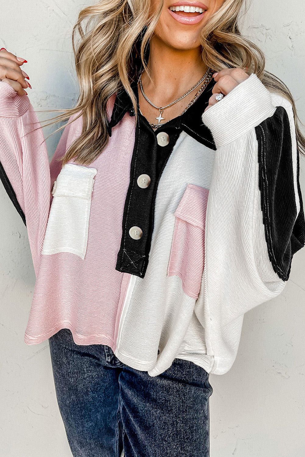 Multicolor Button-Down Long Sleeve Blouse Dusty Pink