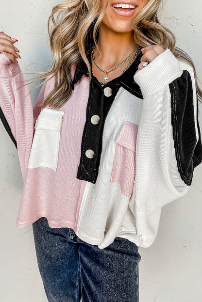 Multicolor Button-Down Long Sleeve Blouse Dusty Pink