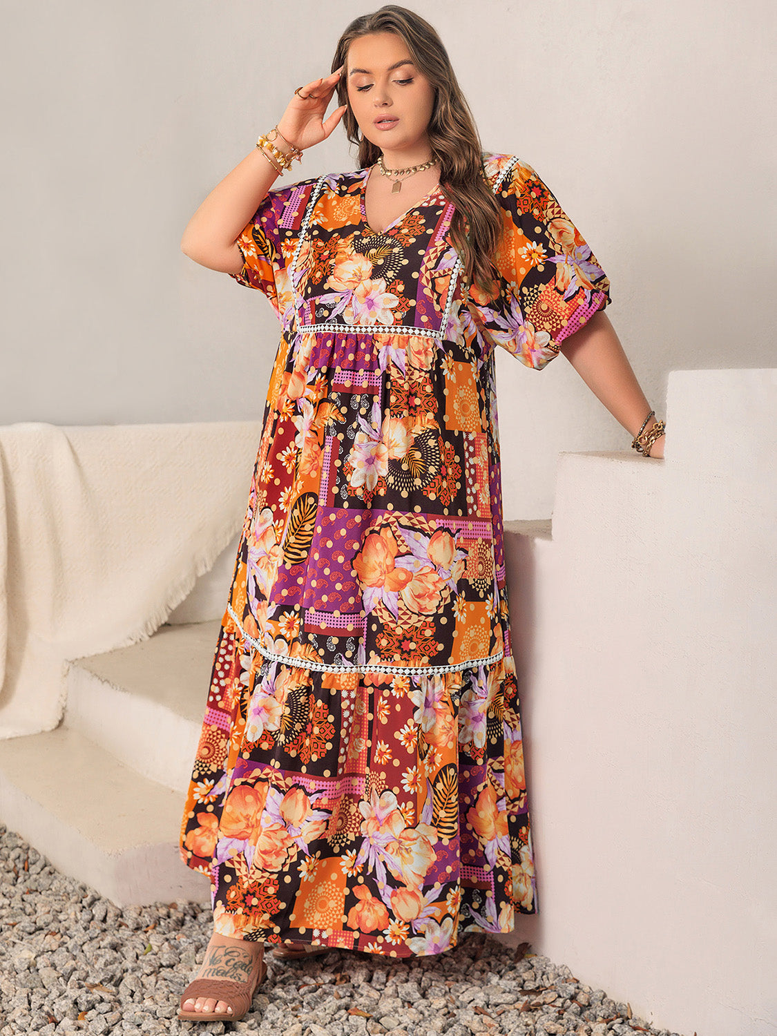 Plus Size Printed V-Neck Half Sleeve Maxi Dress - Thandynie