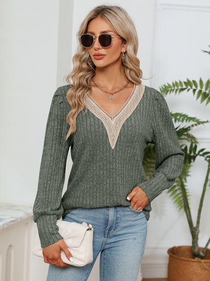 Lace Detail V-Neck Ribbed Blouse Moss