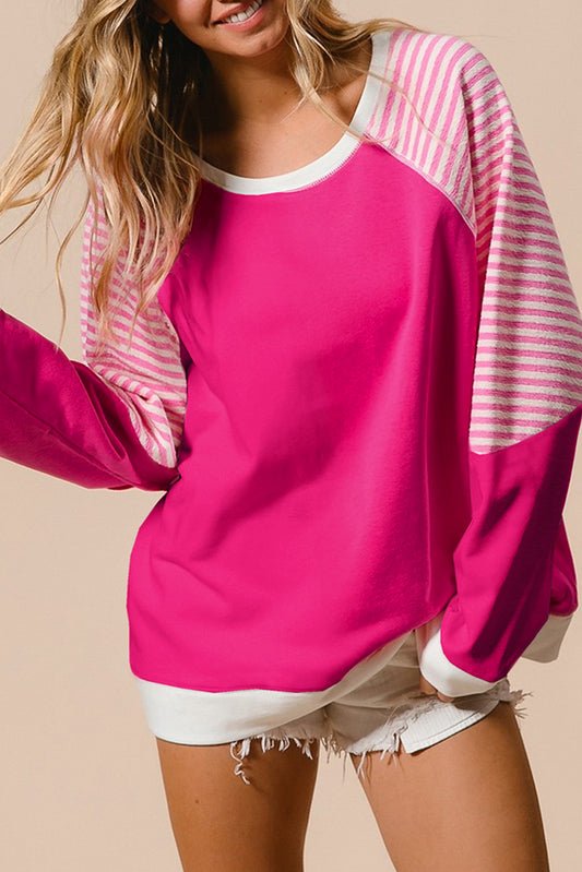 Striped Round Neck Long Sleeve Sweatshirt Hot Pink