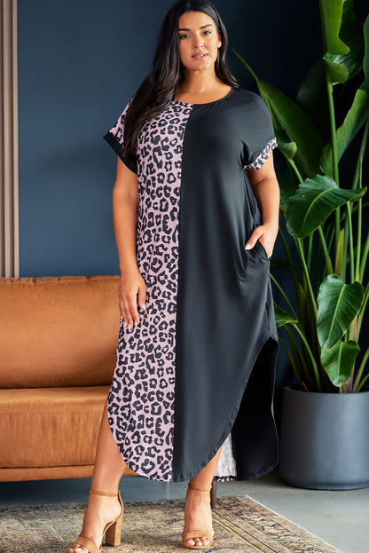 Plus Size Contrast Leopard Short Sleeve Midi Dress Leopard