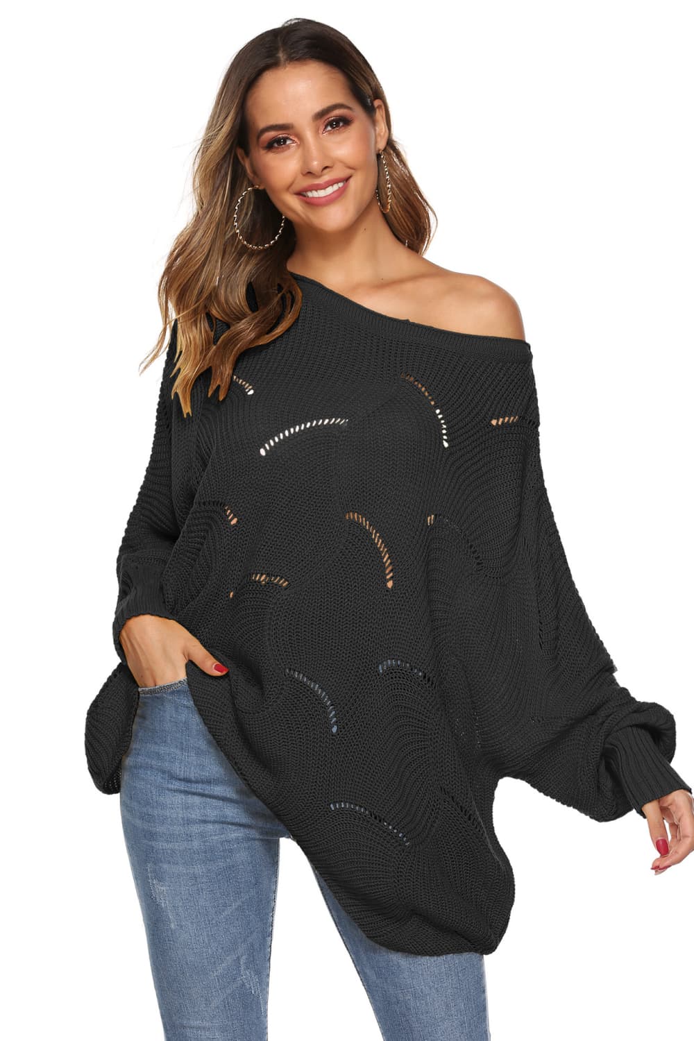 Round Neck Long Sleeve Openwork Sweater Black