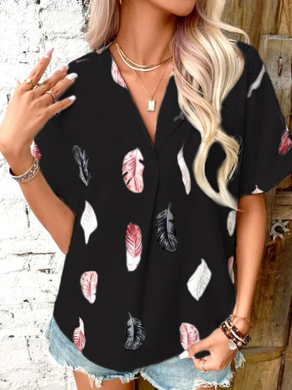 Full Size Printed Collared Neck Short Sleeve Blouse Black